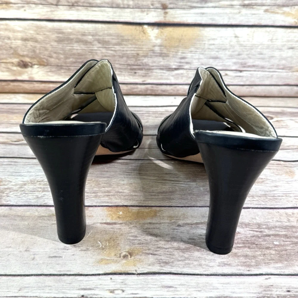 Johnston & Murphy Womens Black Woven Leather High Heel Mule Slip On Shoes 10M